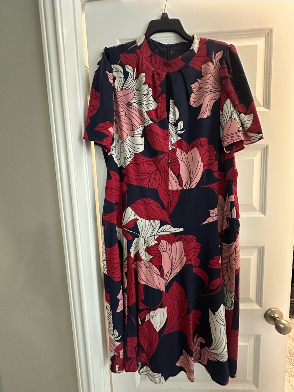 Maggy London Navy Midi Dress with Pink & Red Floral Pattern
